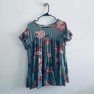 Entro teal ruffle floral blouse